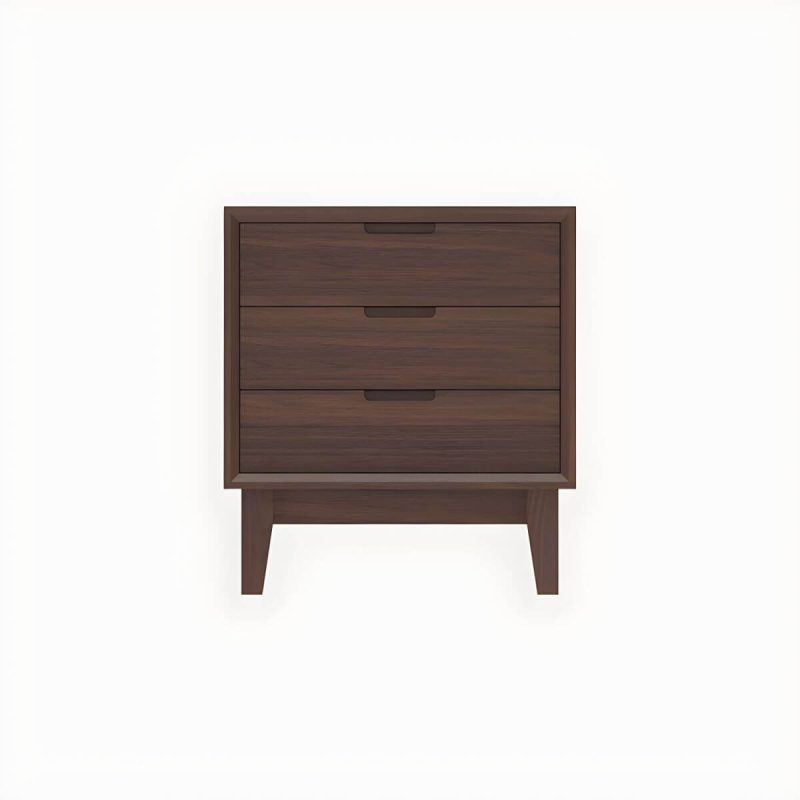 "Scandinavian Style Small Wood Nightstand with Three Lock Free Drawers - 1 Piece Walnut"