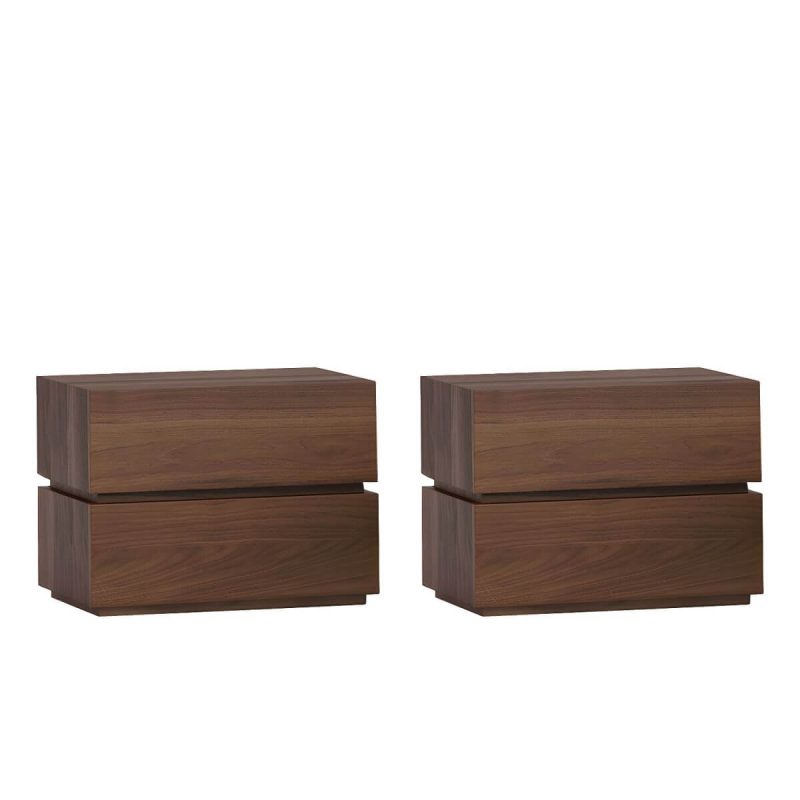 "Compact Wood Nightstand with 2 Drawers - Modern Bedroom Storage - Dark Walnut 2 Piece Set"