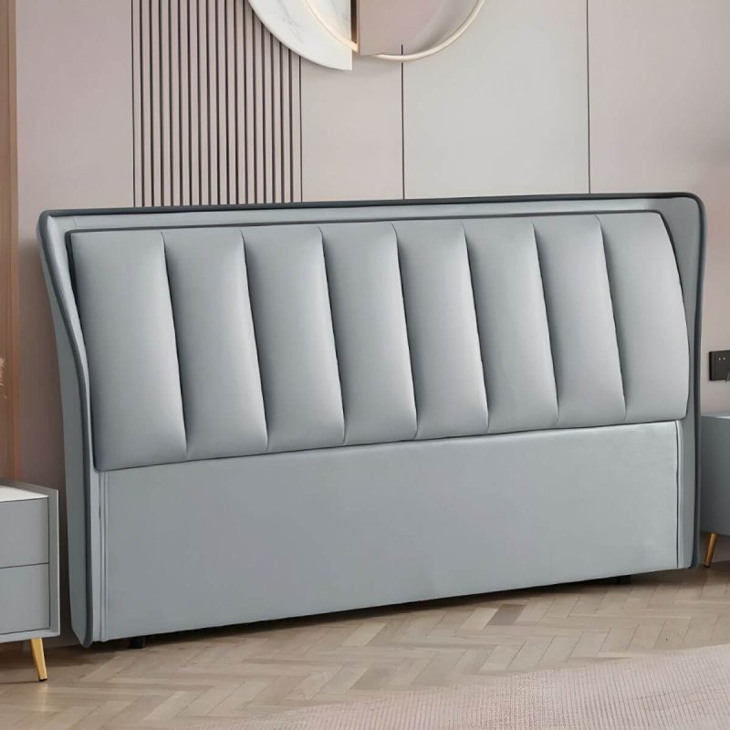 "Wingback Light Wood Pine Headboard with Upholstered Design and Solid Wood Legs - 59" Microfiber Leather Gray/ Beige"