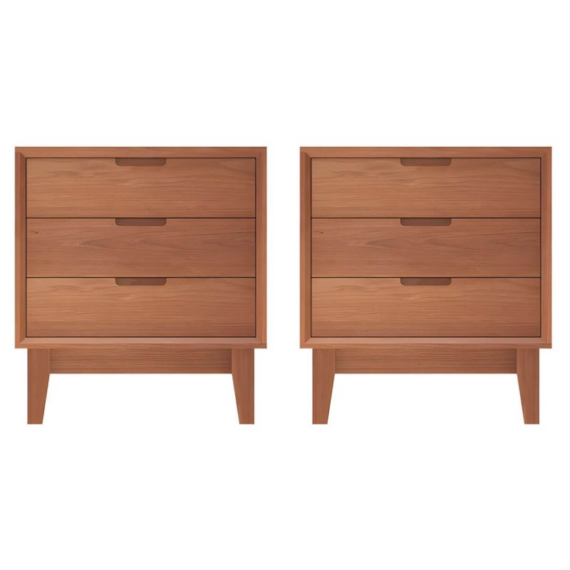 "Scandinavian Style Small Wood Nightstand with Three Lock Free Drawers - 2 Piece Set Cherry Wood"