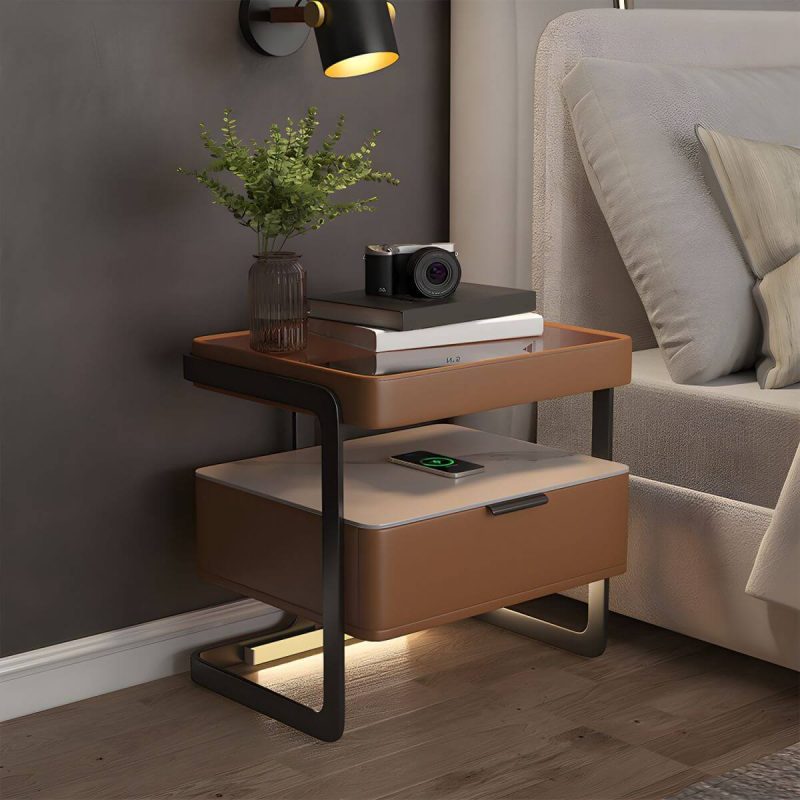 "Modern Wood Nightstand with Glass Countertop and Open Storage - Light Gray 48 x 40 x 51 cm 1 Piece"