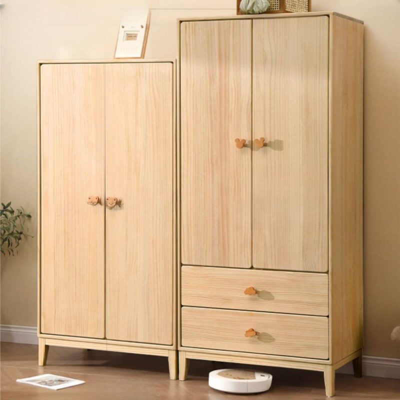"2-Drawer Natural Finish Pine Wood Art Deco Wardrobe Armoire with Interior Shelves and Clothing Rod, 35"L x 20"W x 79"H, Without Legs"