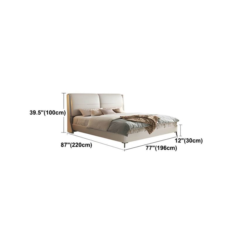 "Dimension of Modern Wood Panel Bed Beige Genuine Leather Standard Bed with Upholstered Headboard - King Single Bed Unavailable"