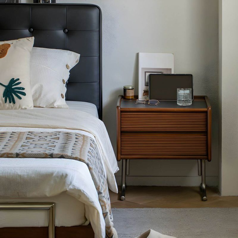"Elegant Brown Wood Nightstand with Drawer Storage and Stone Countertop - 2 Piece Set"
