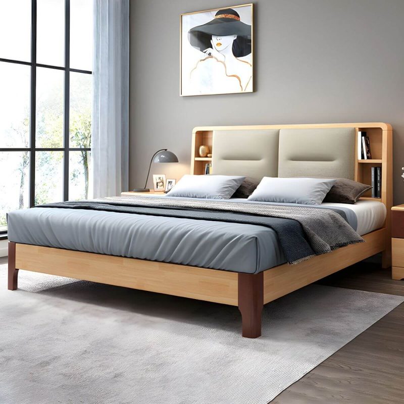 "Scandinavian Solid Wood Storage with Rectangular Headboard Bed Frame - California King Bed & Mattress"
