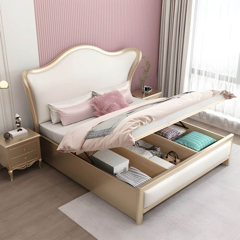 "Victorian Standard Bed Foam Pine Wood Bed Frame With Custom Gold Legs - Queen Lift Up Storage Single Bed"
