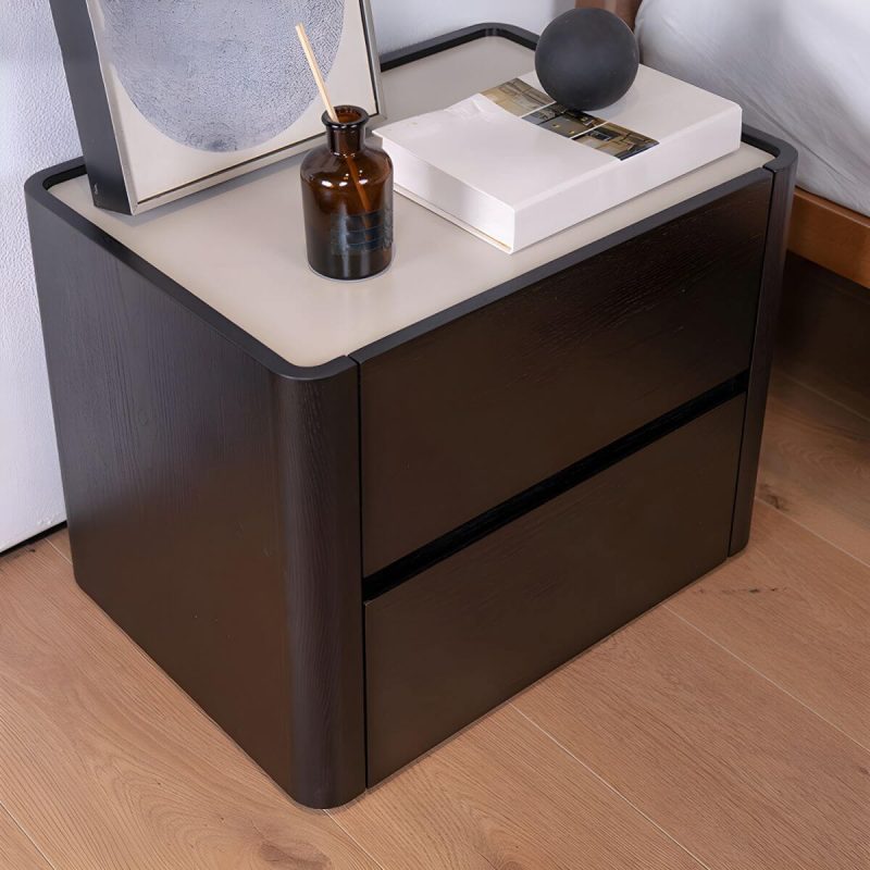 "Modern Black Wood Nightstand with 2 Drawers and Small Height - 2 Piece Set"