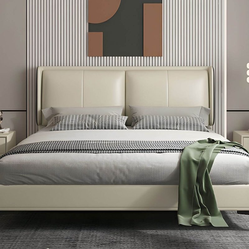 "Modern Wingback Upholstered Headboard with Wood Legs in Standard Height - 200 cm Brown"