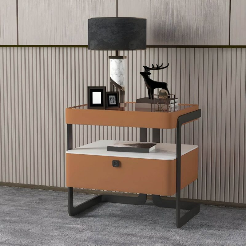 "Modern Wood Nightstand with Glass Countertop and Open Storage - Light Brown 48 x 40 x 51 cm 1 Piece"