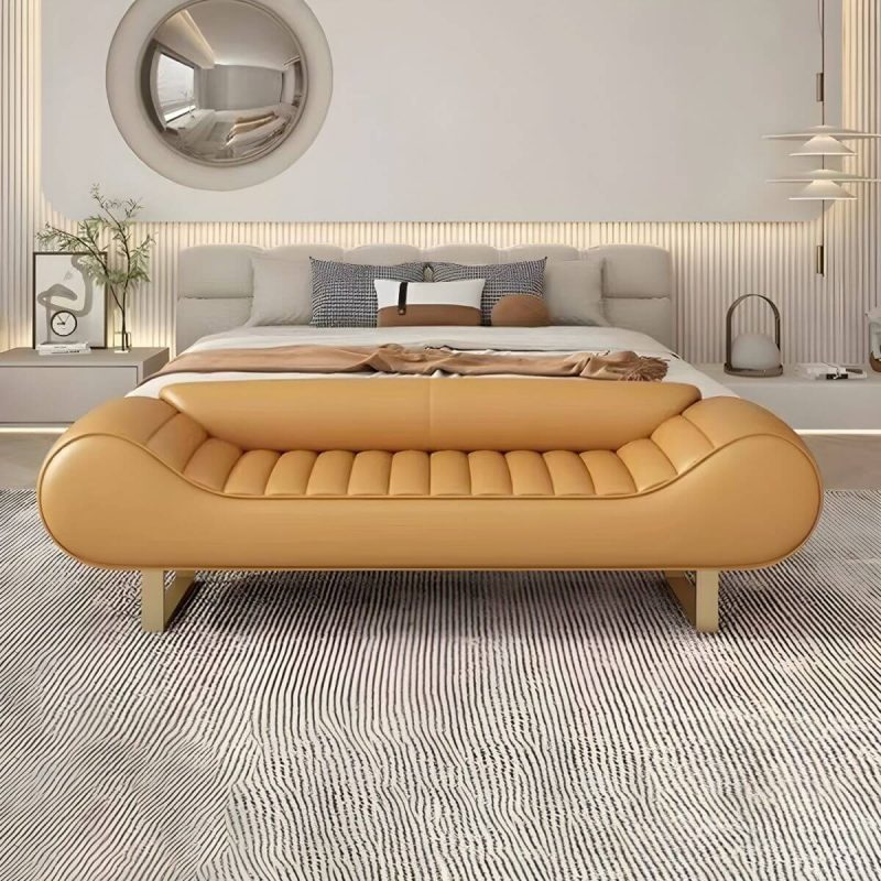 "Glam Faux Leather Bedroom Bench with Tight Back and Sled Base - Orange 69"L x 20"W x 20"H"