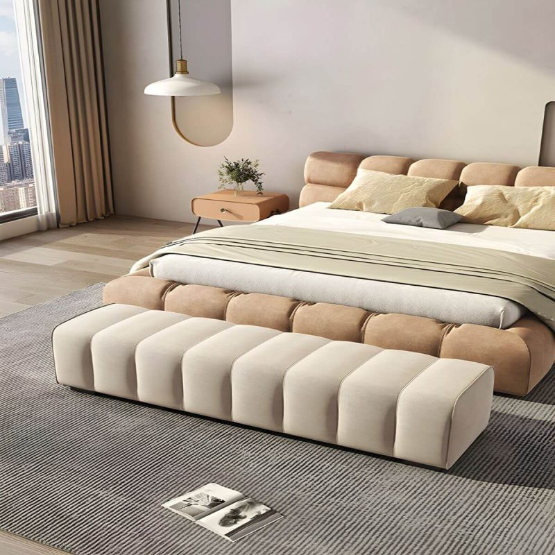 "Tufted Upholstered Modern Bedroom Bench in Solid Color - Short Height - 59"L x 20"W x 16"H Beige"