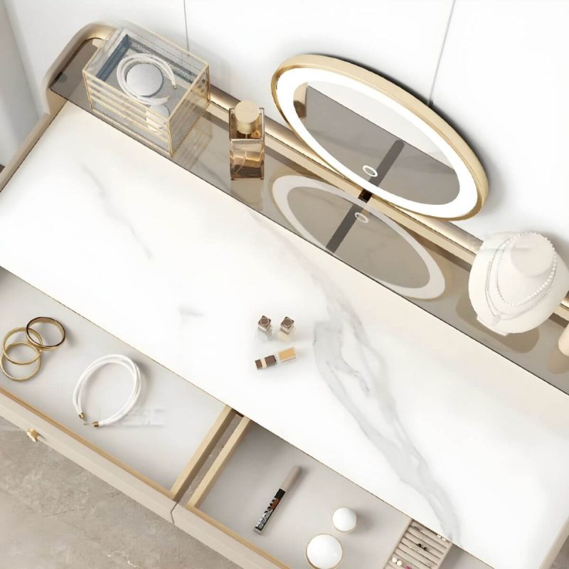 "Minimalist Standard Dressing Table Metal with Light Up and Gray Chair, Makeup Vanity & Mirror & Stools, 47"L x 18"W x 36"H"
