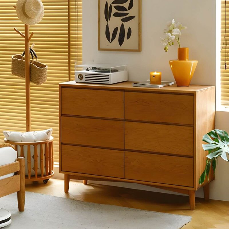 "Cherry Wood Horizontal Chest Modern Brown 6 Drawers Included for Home - Natural Finish"