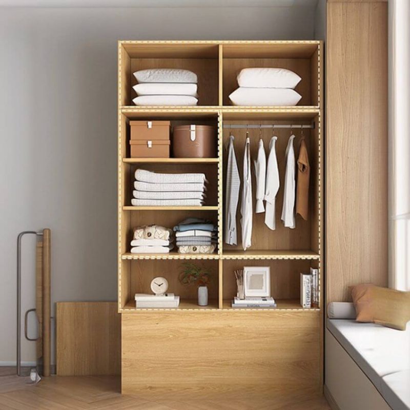"Natural Finish Art Deco Composite Wood Wardrobe Armoire with Soft Close Door, Interior Shelves, and Clothing Rod, Double Sided Doors, 53"L x 16"W x 83"H"