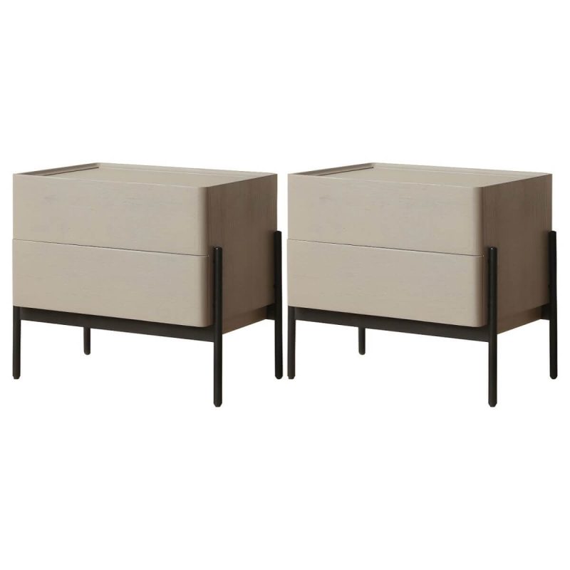 "Modern Grey Oak Wood Nightstand with Spacious Drawer Storage - 2 Piece Set"