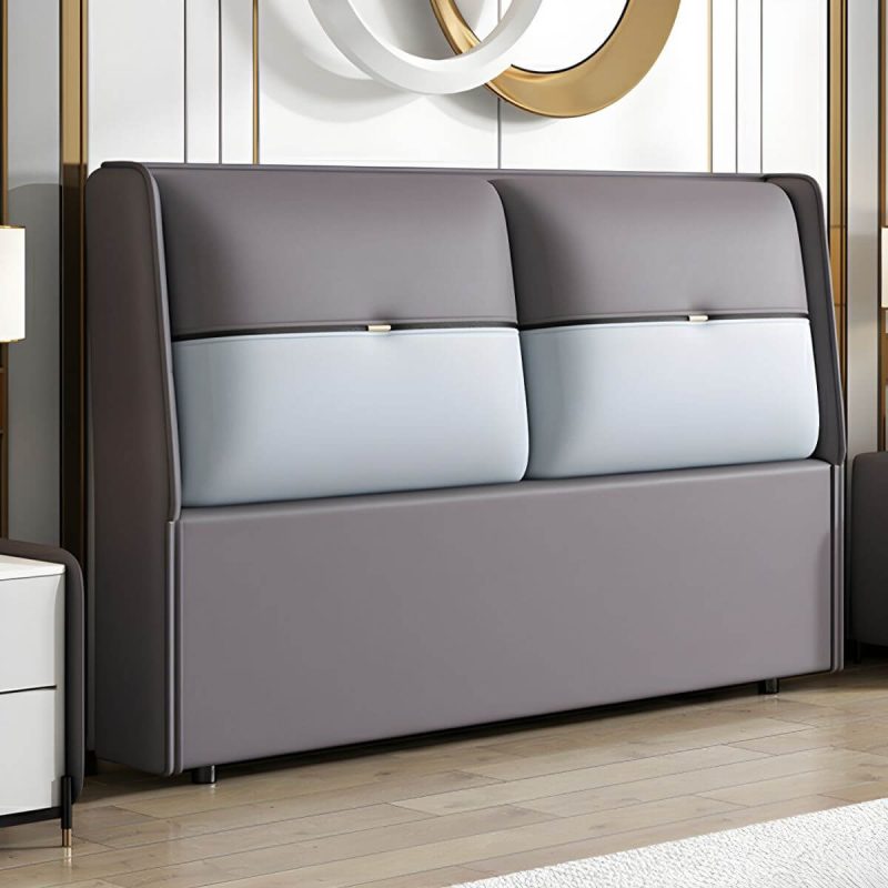 "Modern Upholstered Wingback Headboard in Leather with Wood Legs for Stylish Comfort - Dark Gray/ Blue 71""