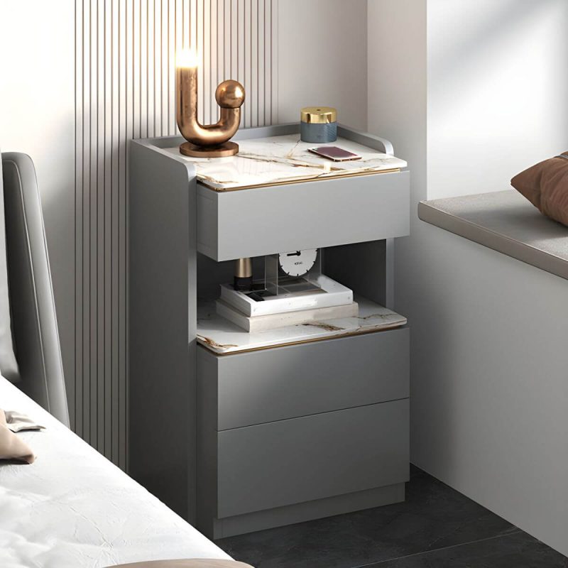 "Modern Grey Wood Nightstand with 3 Drawers in Gray Wood Tone - Without Light 1 Piece With Backboard 50 x 40 x 72 cm"
