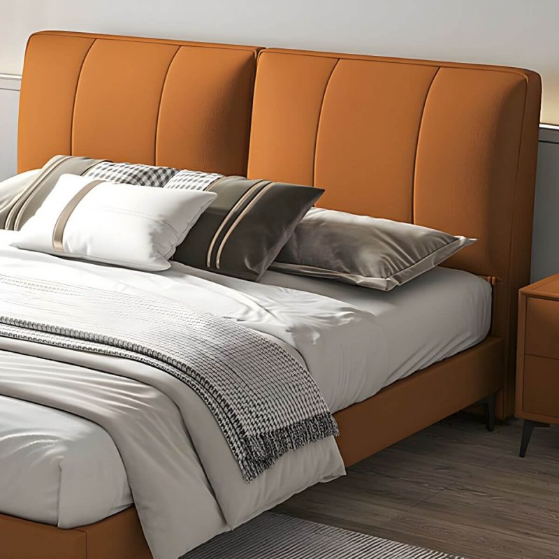 "Light Wood Upholstered Panel Modern Headboard with Orange Leather Upholstery and Solid Wood Legs - 79""