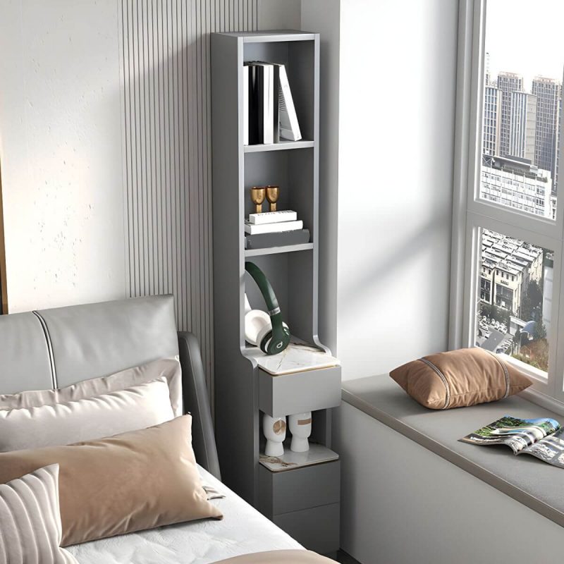 "Modern Grey Wood Nightstand with 3 Drawers in Gray Wood Tone - Without Light 1 Piece With Backboard 30 x 40 x 180 cm"