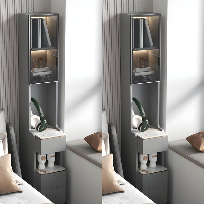 "Modern Grey Wood Nightstand with 3 Drawers in Gray Wood Tone - With Light 2 Piece Set With Backboard 30 x 40 x 180 cm"