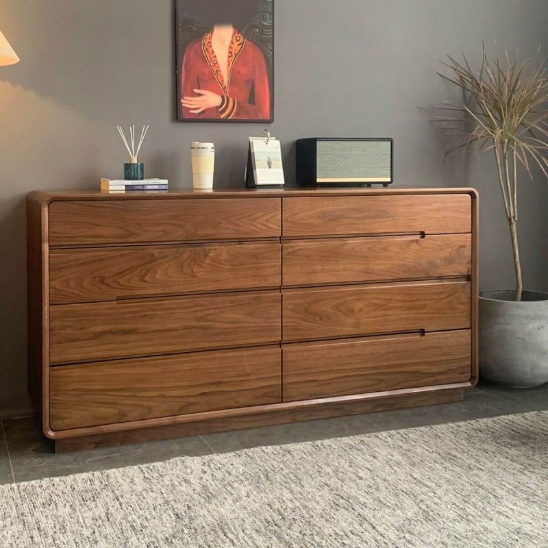 "Scandinavian Walnut Double Dresser with 8 Drawers for Living Room - 71"L x 17"W x 32"H"