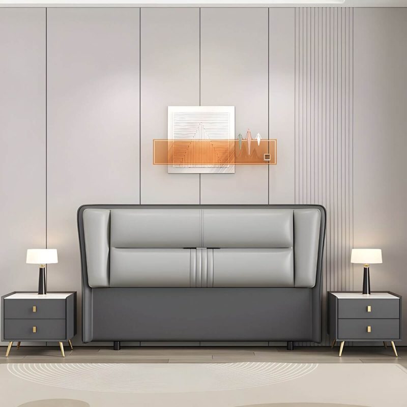 "Modern Rectangular Upholstered Wingback Headboard with Wood Legs - Tech Cloth 59" Dark Grey/ Light Grey"