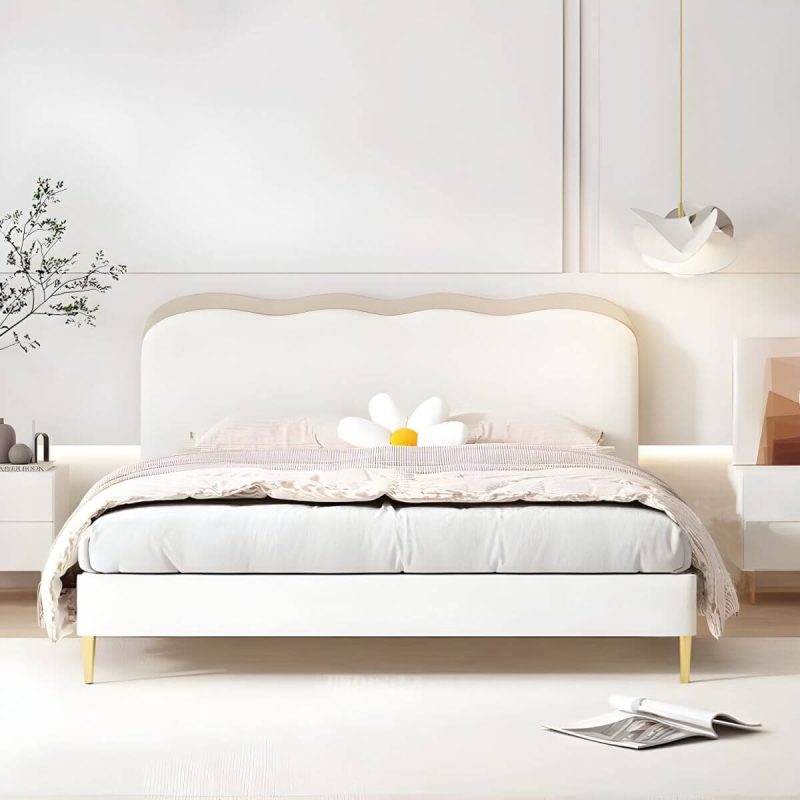 "Beige Upholstered Modern Headboard with Rectangular Shape and Wood Legs - 59""