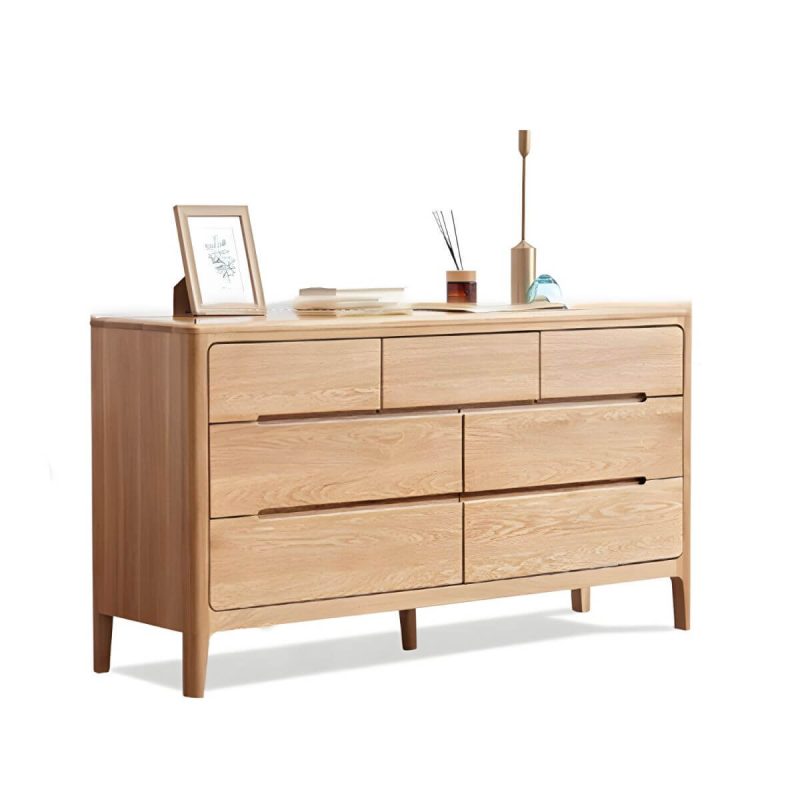 "Modern Wood Double Dresser with 7 Drawers in Standard Length and Low Height - Natural Finish"