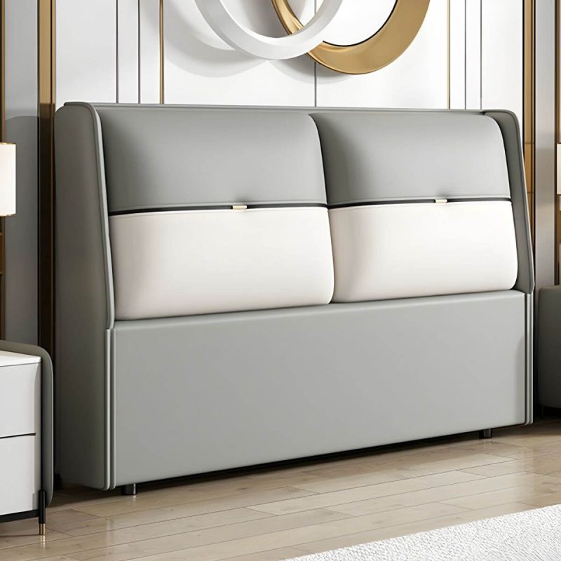 "Modern Upholstered Wingback Headboard in Leather with Wood Legs for Stylish Comfort - Light Gray-White 71""