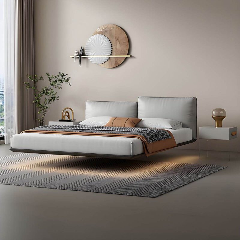 "Modern Style Upholstered Headboard/white Grey Leather Suspension Bed - Grey California King Bed & Mattress"