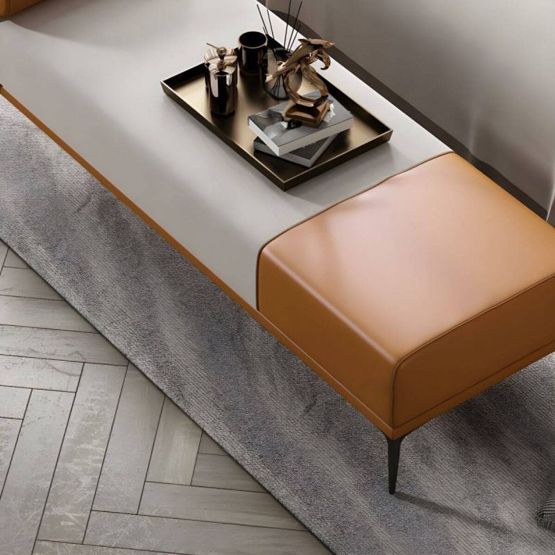 "Modern Fabric and Leather Seating Bench with One Side Arm for Bedroom - Khaki"