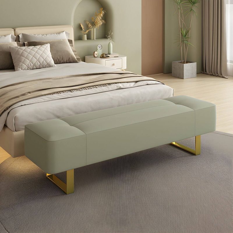 "Armless Backless Modern Solid Color Bedroom Bench Upholstered in Hardwearing Sponge with Metal Legs - 59"L x 19.5"W x 17"H Pea Green"