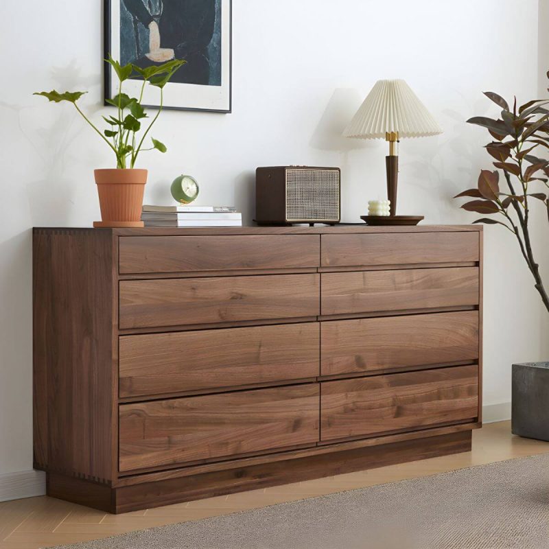 "Solid Wood Scandinavian Double Dresser with 8 Drawers Storage and Soft Close Glides - Black Walnut 55"L x 16"W x 31"H"