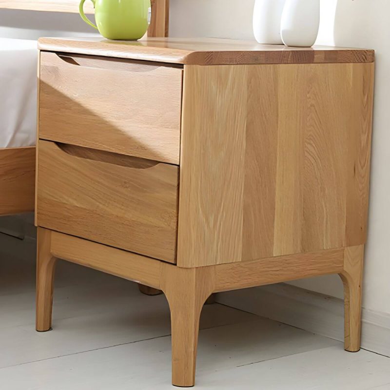 "Modern Oak Wood Nightstand with Drawer Storage, Small Size, Narrow Design - 2 Piece Set Nut-Brown"