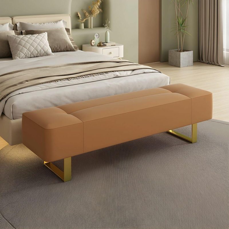 "Armless Backless Modern Solid Color Bedroom Bench Upholstered in Hardwearing Sponge with Metal Legs - 59"L x 19.5"W x 17"H Orange"