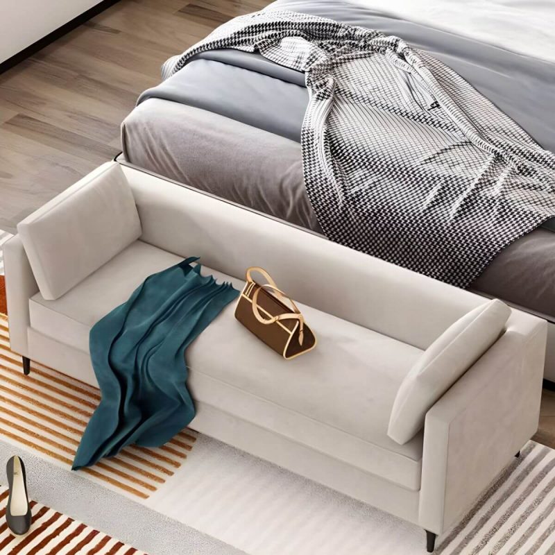 "With Arms White Upholstered Modern Bedroom Bench with Short Height and Back - 67"L x 20"W x 20"H"