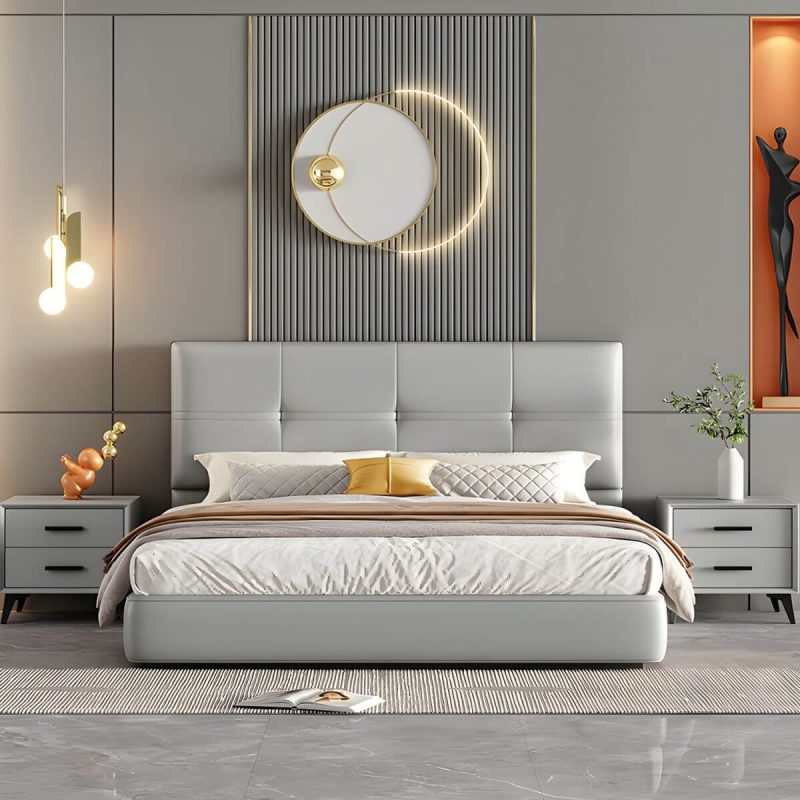 "Rectangular Solid Wood Bed Frame Headboard Modern Leather Panel - 59" Tech Cloth Off-White"