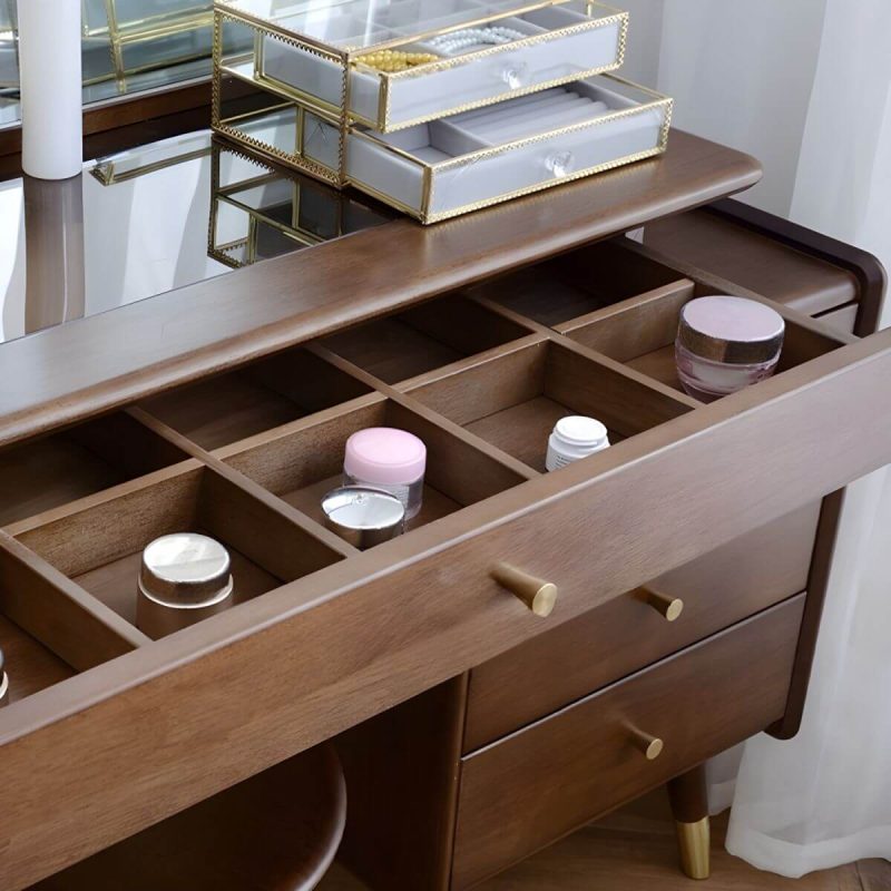 "Rectangle Shape Solid Wood Dressing Table Brown with Drawers and Stools - Makeup Vanity & Stools"