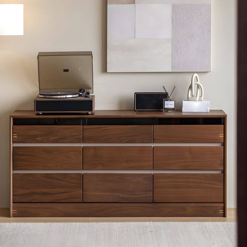 "Elegant Brown Wood Traditional Double Dresser with 9 Drawers - 63"L x 16"W x 30"H"