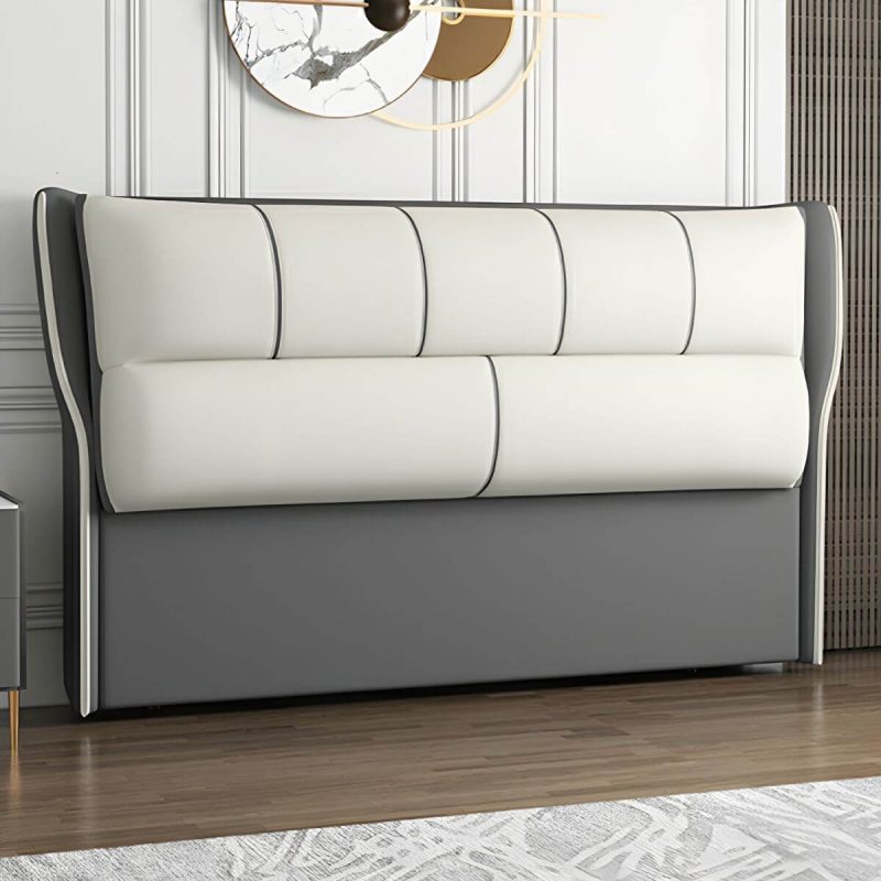 "Modern Upholstered Pine Headboard with Wood Legs - Standard Height - 59" Microfiber Leather Gray & White"