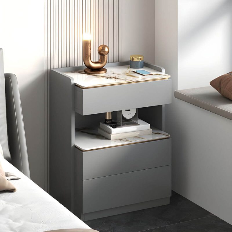 "Modern Grey Wood Nightstand with 3 Drawers in Gray Wood Tone - Without Light 1 Piece With Backboard 60 x 40 x 72 cm"