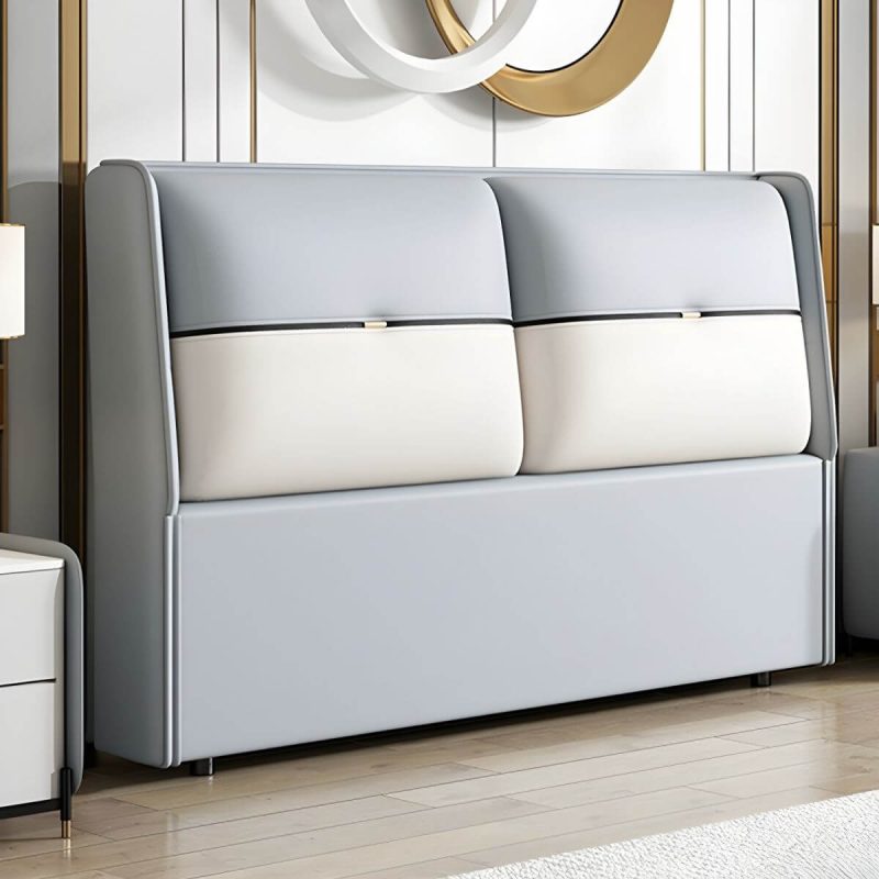 "Modern Upholstered Wingback Headboard in Leather with Wood Legs for Stylish Comfort - Light Blue 71""