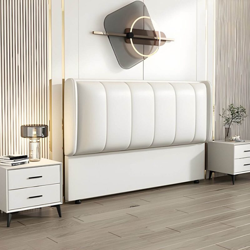 "Modern Upholstered Pine Wingback Headboard with Leather Upholstery and Wood Legs - Grey 71""