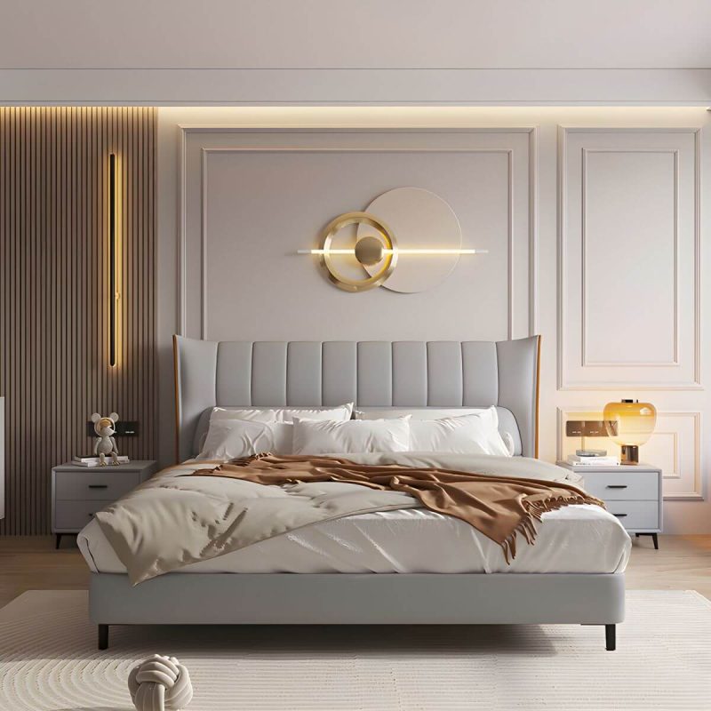 "Wingback PU Leather Upholstered Headboard with Wood Legs for American Women - 79" Grey"