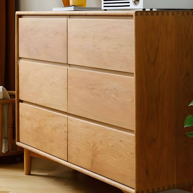 "Cherry Wood Horizontal Chest Modern Brown 6 Drawers Included for Home - Natural Finish"