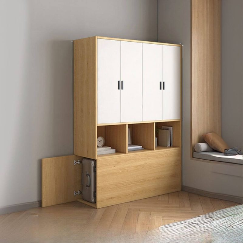 "Natural Finish Art Deco Composite Wood Wardrobe Armoire with Soft Close Door, Interior Shelves, and Clothing Rod, Double Sided Doors, 70.9"L x 15.7"W x 82.7"H"