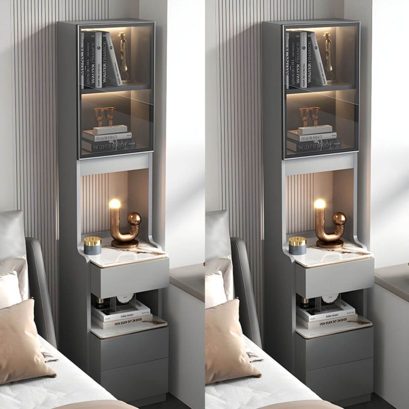"Modern Grey Wood Nightstand with 3 Drawers in Gray Wood Tone - With Light 2 Piece Set Without Backboard 40 x 40 x 180 cm"