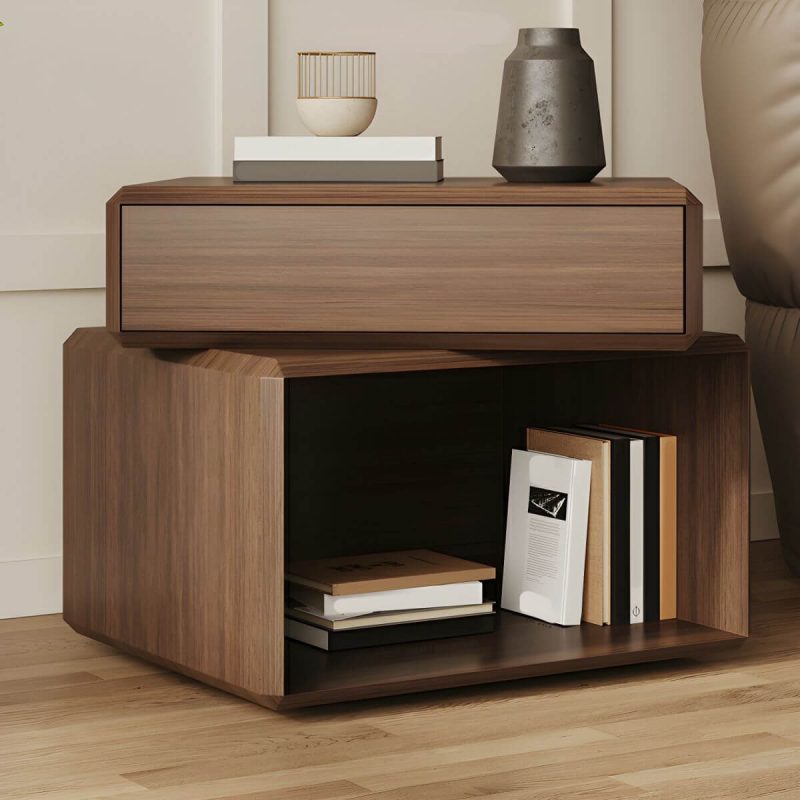 "Elegant Brown Wooden Nightstand with Drawer for Bedroom Storage - 2 Piece Set"