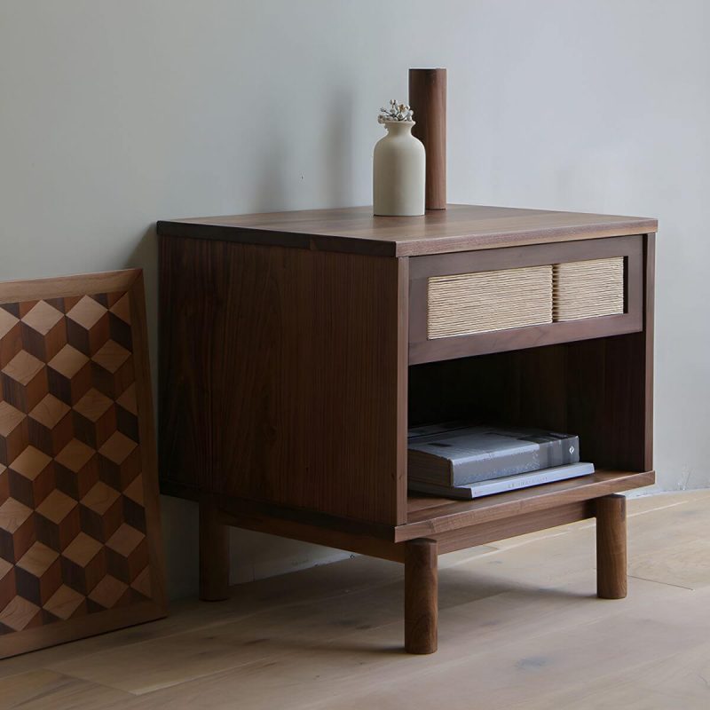 "Elegant Walnut Wood Open Storage Nightstand with Drawer and Shelf - 1 Piece"