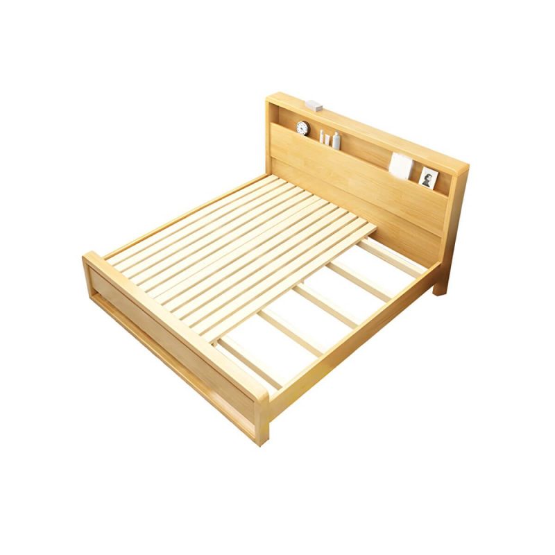 "Contemporary Standard Bed with Shelves and Rectangle Headboard - Natural Finish Queen"